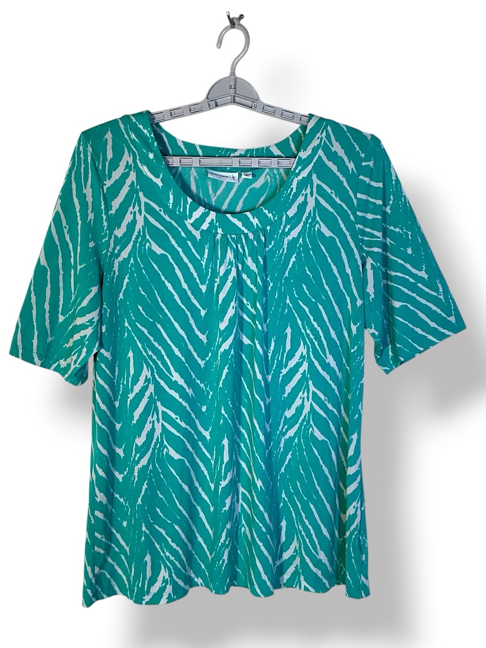 Susan Graver Top Pullover Scoop Neck Short Sleeve Teal Zebra Animal Print XL